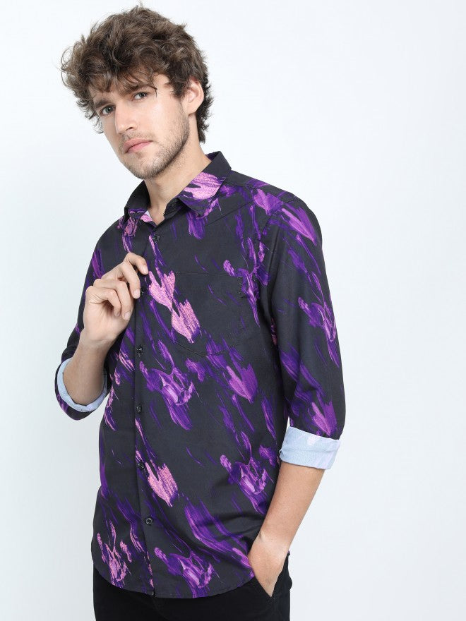 Mens Purple/Pink Slim Fit Printed Casual Shirt - Purple - Image 4