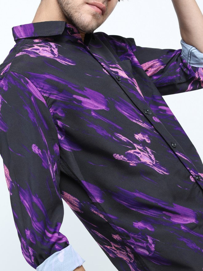Mens Purple/Pink Slim Fit Printed Casual Shirt - Purple - Image 5