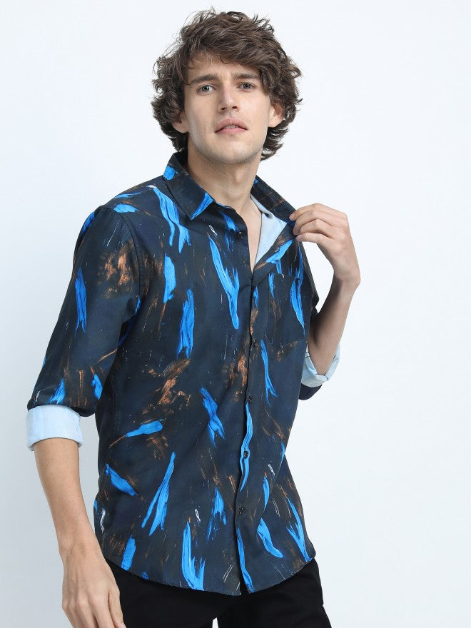 Highlander Men Navy Blue Printed Slim Fit Casual Shirt - Navy Blue - Image 1
