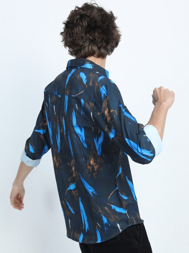 Highlander Men Navy Blue Printed Slim Fit Casual Shirt - Navy Blue - Image 3