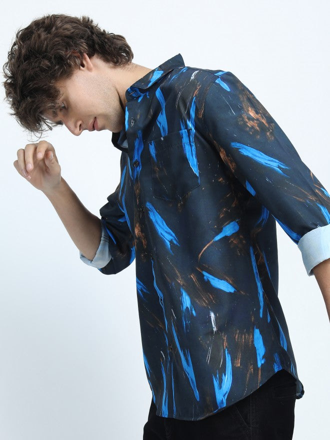 Highlander Men Navy Blue Printed Slim Fit Casual Shirt - Navy Blue - Image 4