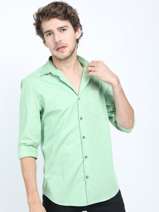 Mens Light Green Slim Fit Printed Casual Shirt - Green - Image 3