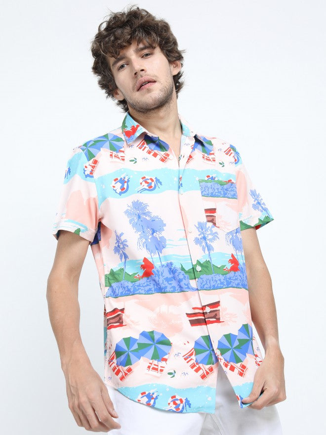 Mens Pink Multi Slim Fit Printed Casual Shirt - Pink - Image 1
