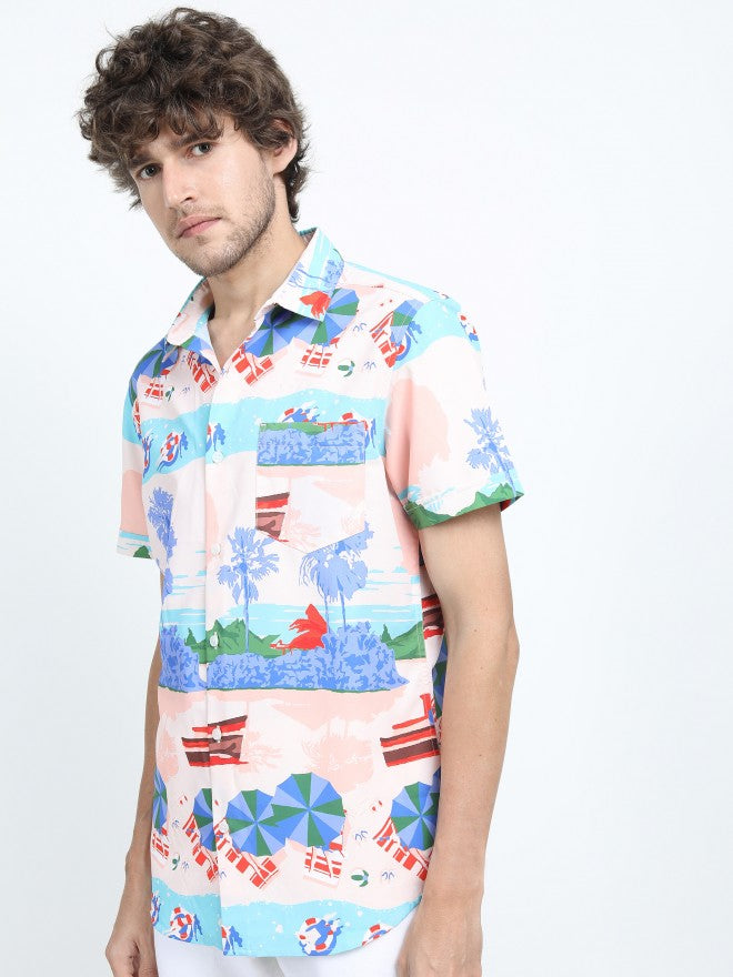 Mens Pink Multi Slim Fit Printed Casual Shirt - Pink - Image 2