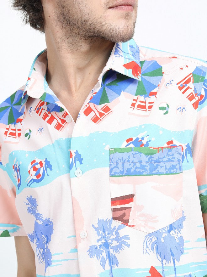 Mens Pink Multi Slim Fit Printed Casual Shirt - Pink - Image 4