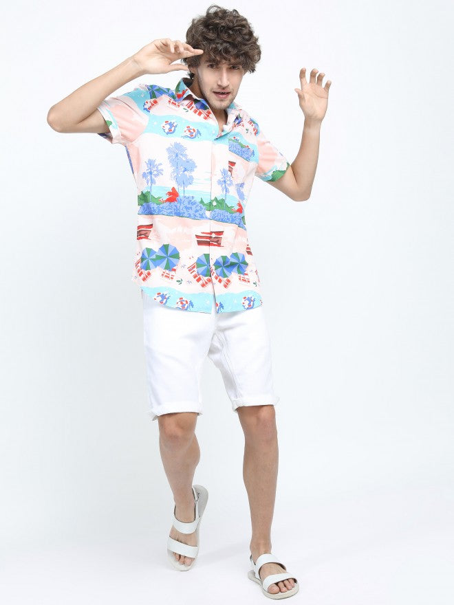 Mens Pink Multi Slim Fit Printed Casual Shirt - Pink - Image 5