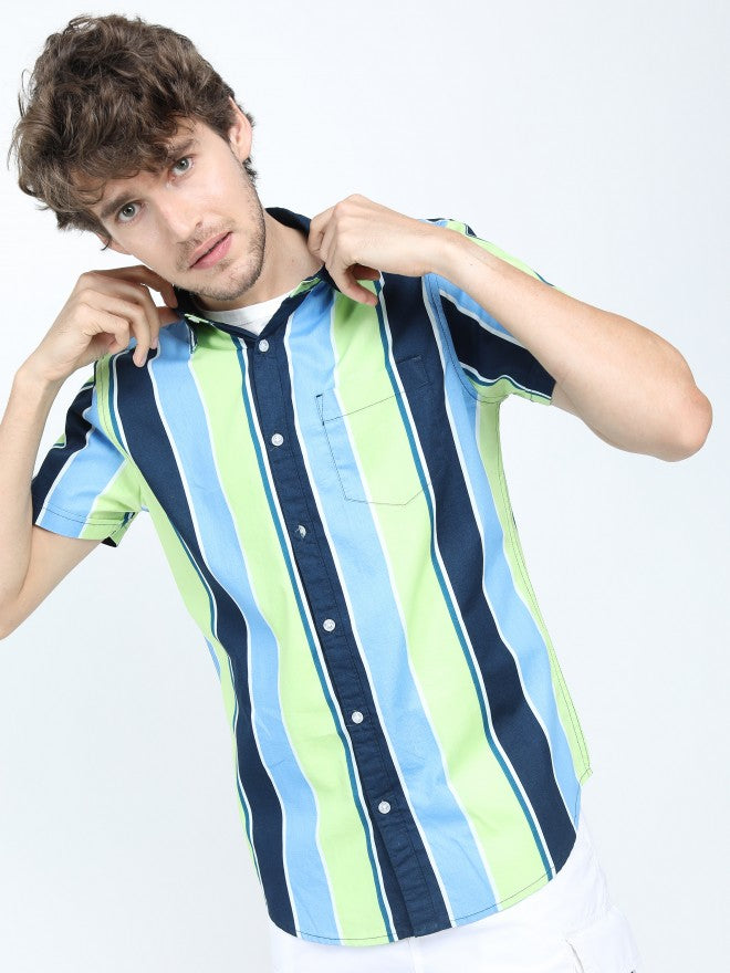 Mens Blue/Green Slim Fit Striped Casual Shirt - Blue - Image 1
