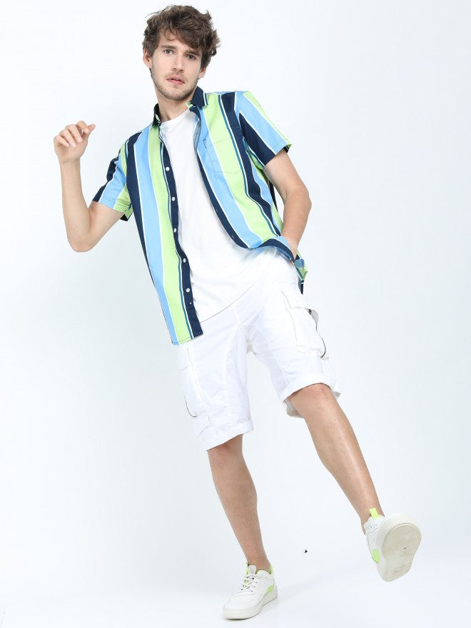 Mens Blue/Green Slim Fit Striped Casual Shirt - Blue - Image 2
