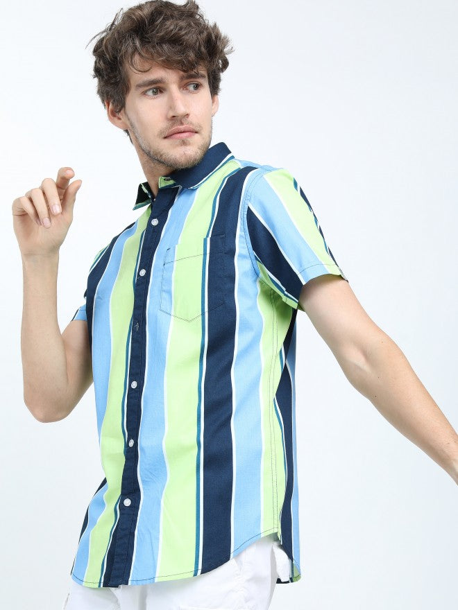 Mens Blue/Green Slim Fit Striped Casual Shirt - Blue - Image 4