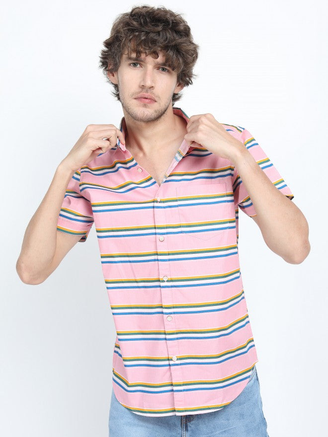 Mens Pink Slim Fit Striped Casual Shirt - Pink - Image 1