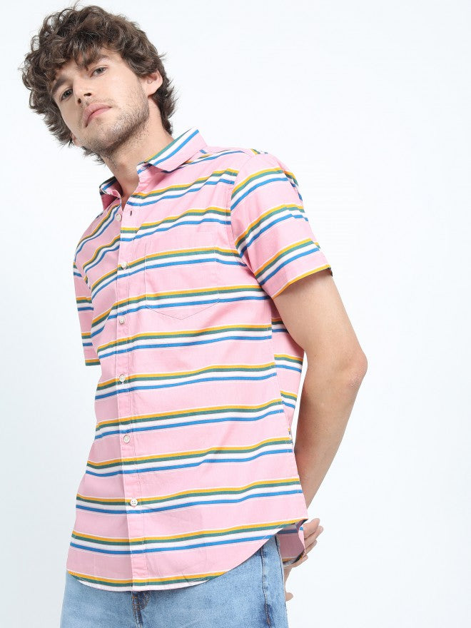 Mens Pink Slim Fit Striped Casual Shirt - Pink - Image 5