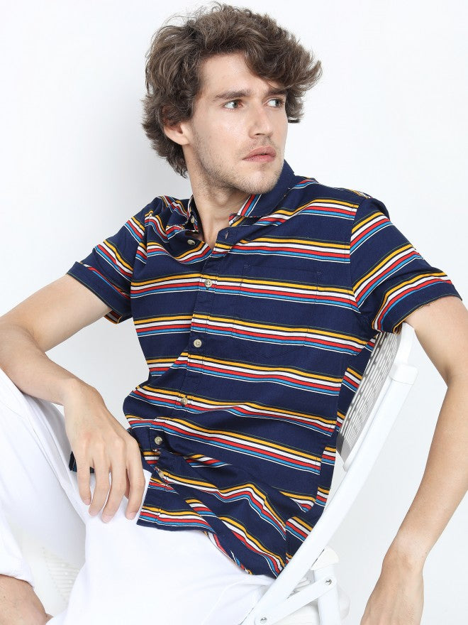 Mens Navy Blue Slim Fit Striped Casual Shirt - Navy Blue - Image 1