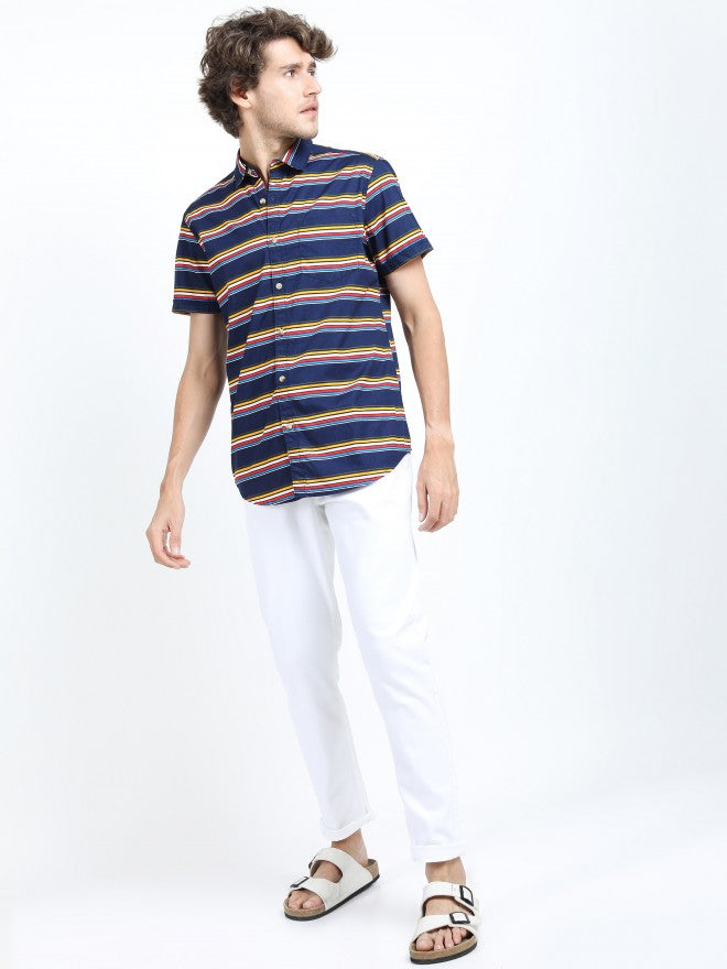 Mens Navy Blue Slim Fit Striped Casual Shirt - Navy Blue - Image 5