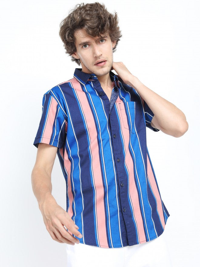 Mens Blue/Navy Blue Slim Fit Striped Casual Shirt - Blue - Image 1