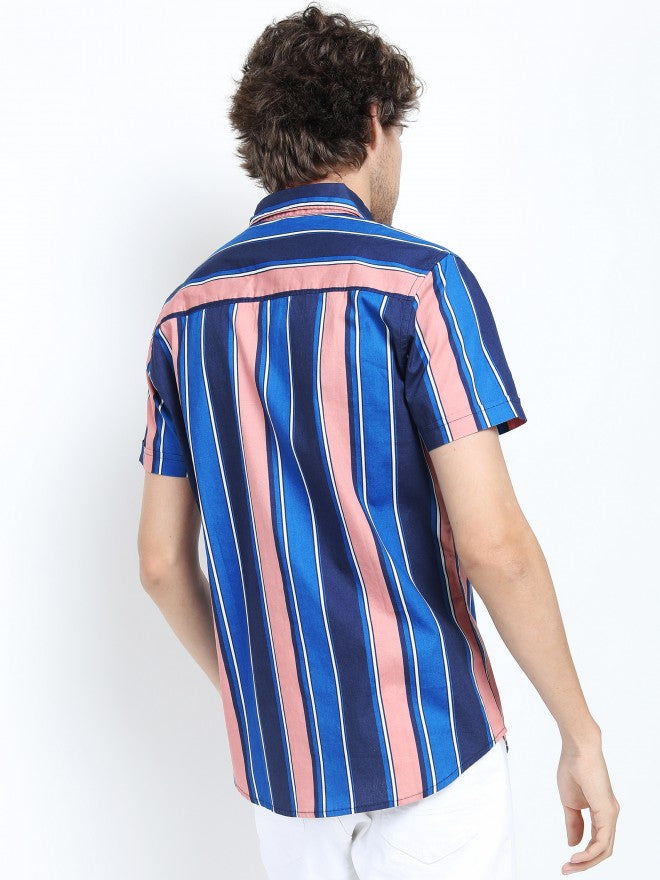 Mens Blue/Navy Blue Slim Fit Striped Casual Shirt - Blue - Image 3