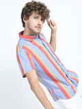 Mens Purple/Orange Slim Fit Striped Casual Shirt - Multi - Image 1