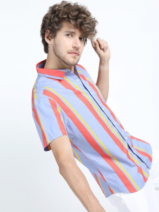 Mens Purple/Orange Slim Fit Striped Casual Shirt - Multi - Image 1