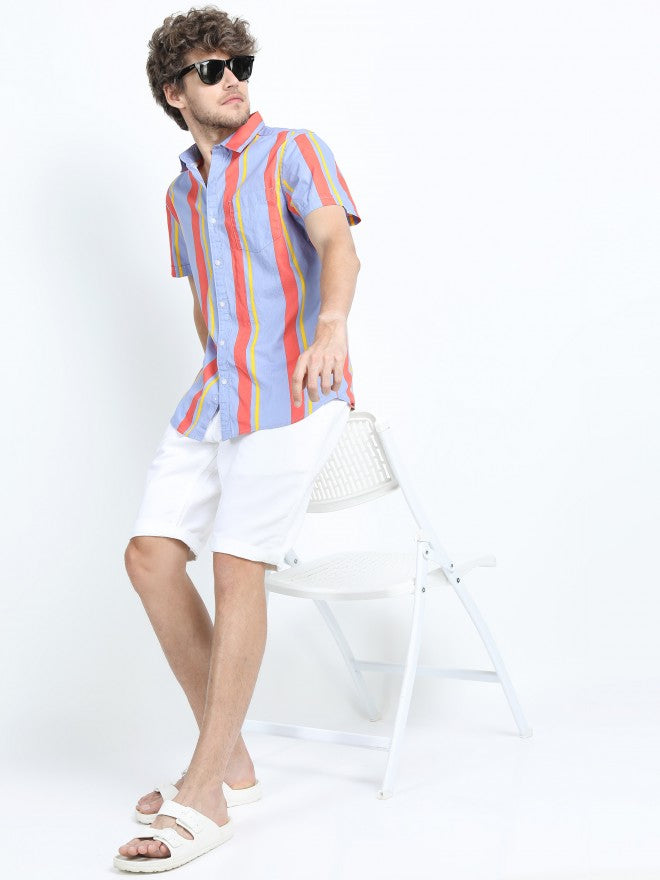 Mens Purple/Orange Slim Fit Striped Casual Shirt - Multi - Image 2