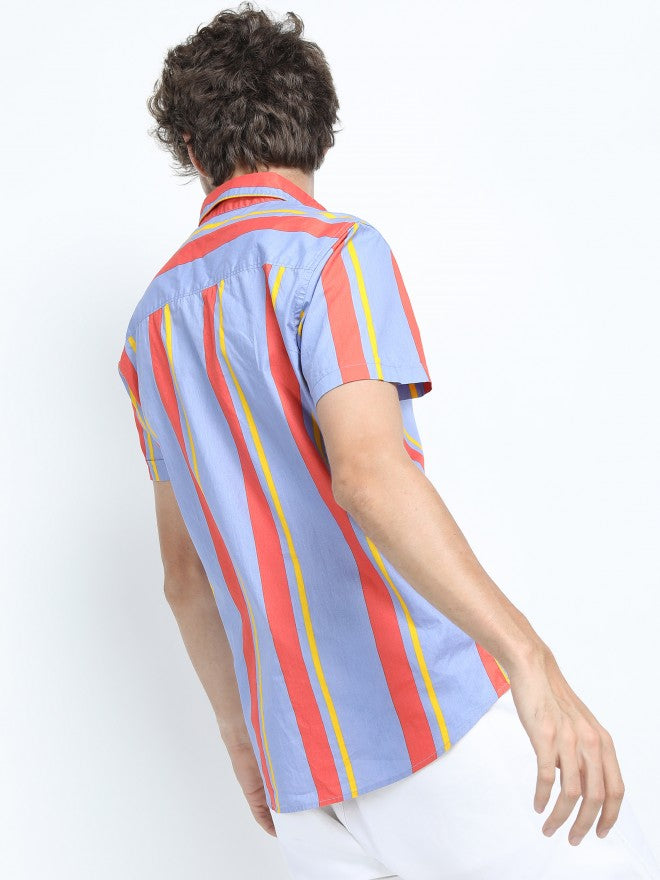 Mens Purple/Orange Slim Fit Striped Casual Shirt - Multi - Image 3