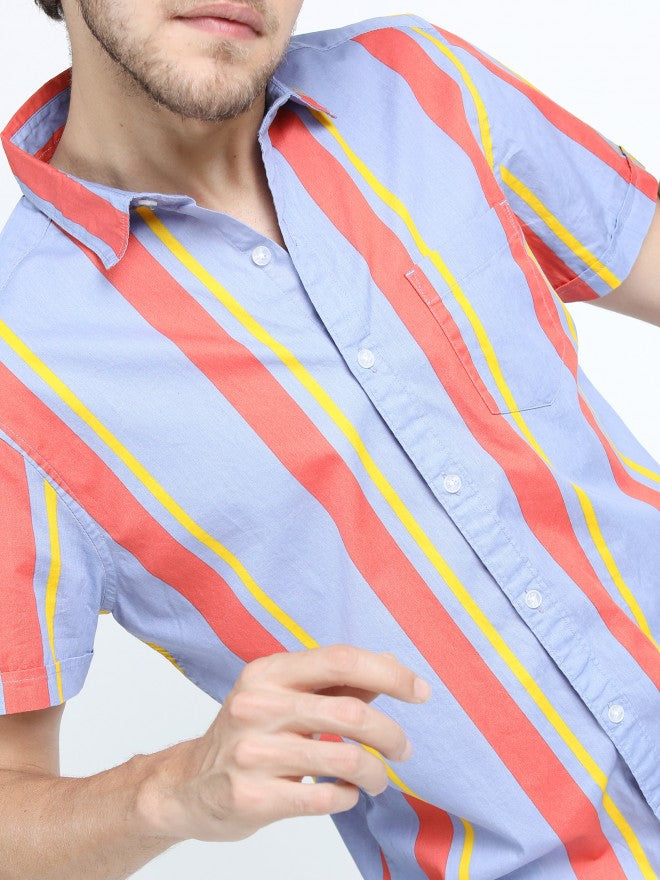 Mens Purple/Orange Slim Fit Striped Casual Shirt - Multi - Image 4