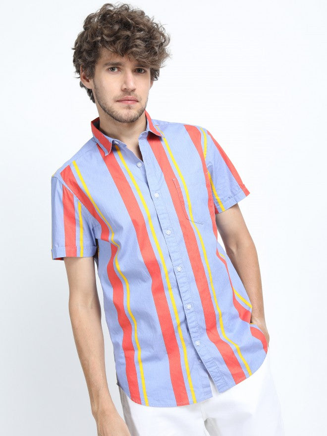 Mens Purple/Orange Slim Fit Striped Casual Shirt - Multi - Image 5