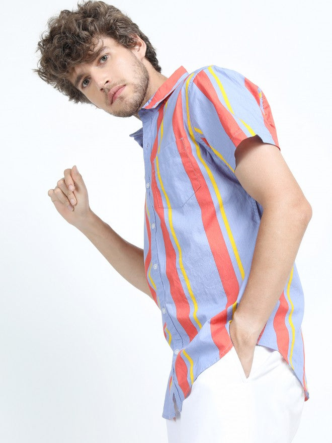 Mens Purple/Orange Slim Fit Striped Casual Shirt - Multi - Image 6