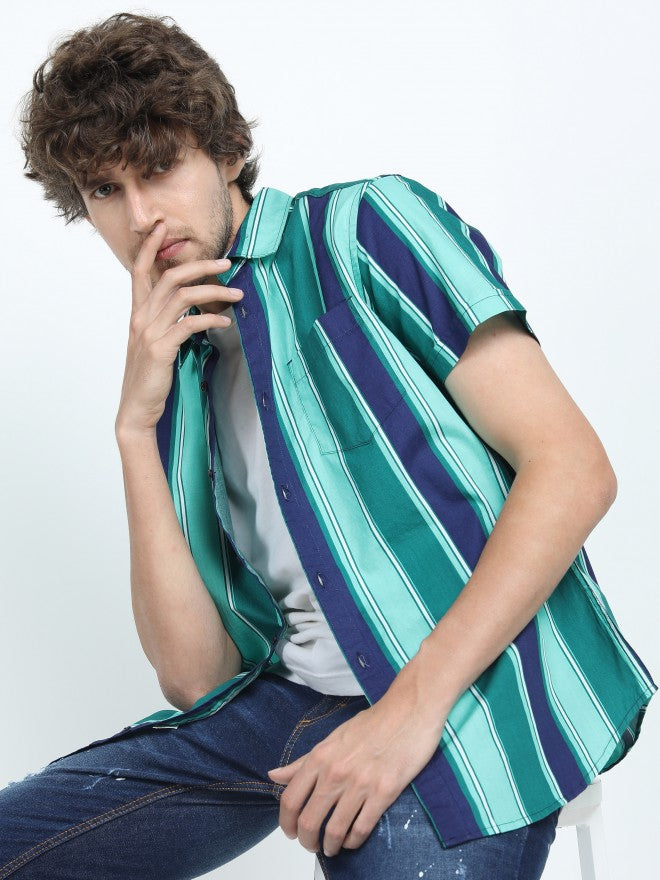 Mens Green/Navy Blue Slim Fit Striped Casual Shirt - Green - Image 1