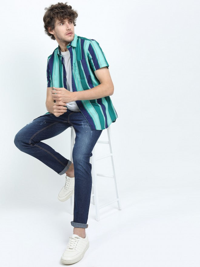 Mens Green/Navy Blue Slim Fit Striped Casual Shirt - Green - Image 2
