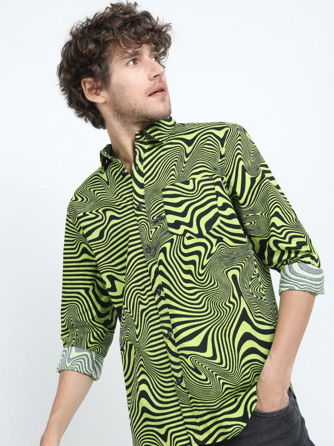Mens Black/Green Slim Fit Printed Casual Shirt - Black - Image 1