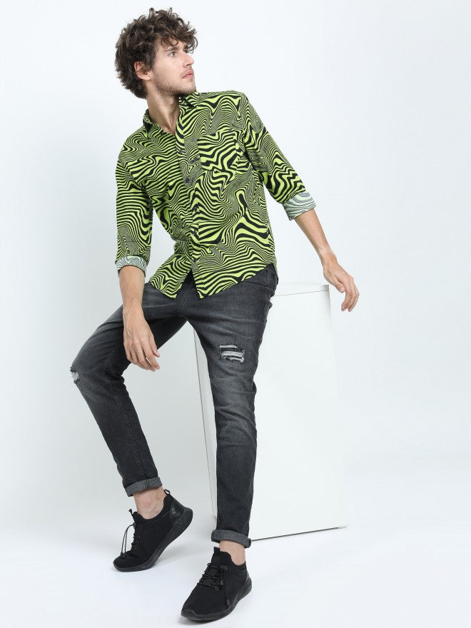 Mens Black/Green Slim Fit Printed Casual Shirt - Black - Image 2