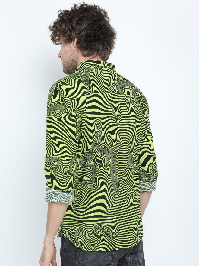 Mens Black/Green Slim Fit Printed Casual Shirt - Black - Image 3
