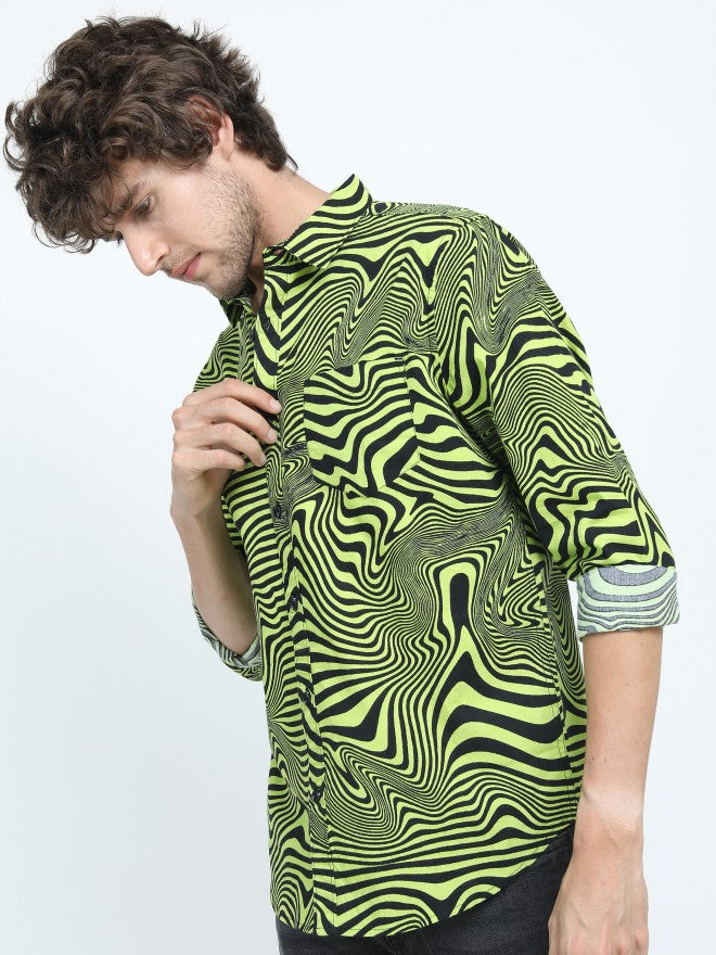 Mens Black/Green Slim Fit Printed Casual Shirt - Black - Image 4