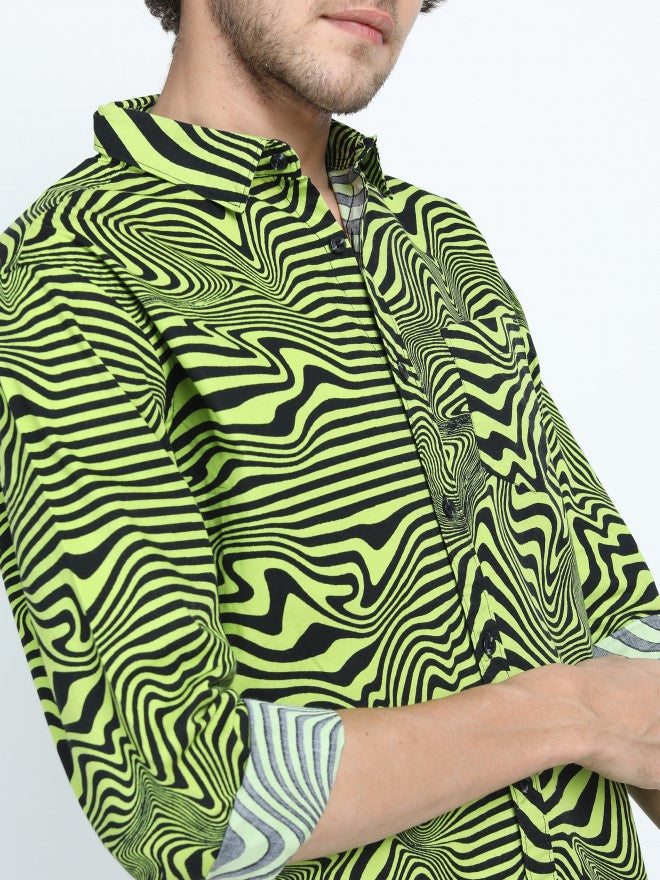 Mens Black/Green Slim Fit Printed Casual Shirt - Black - Image 5