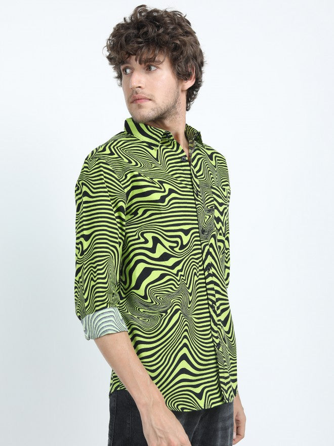 Mens Black/Green Slim Fit Printed Casual Shirt - Black - Image 6