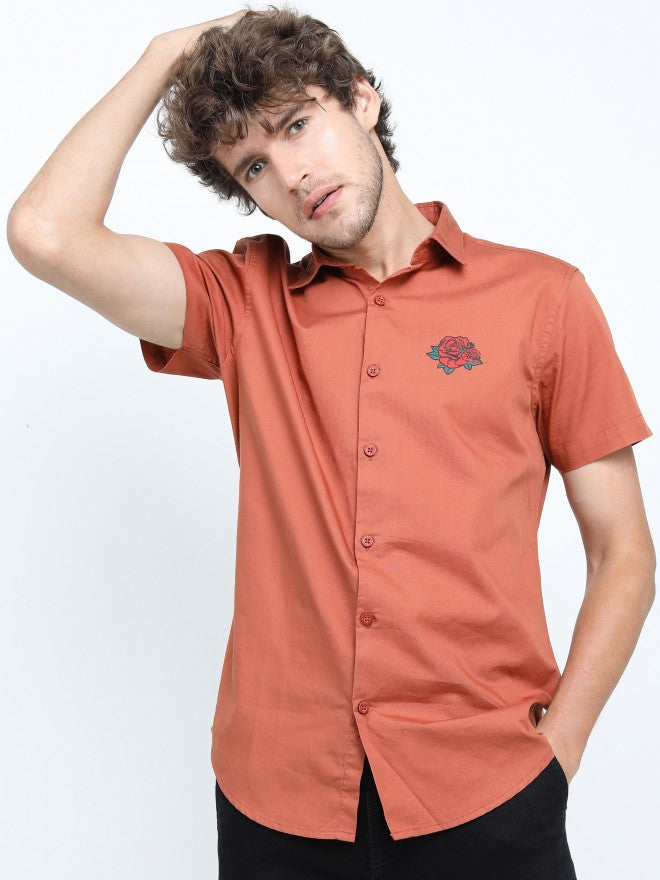 Mens Baked Rust Slim Fit Printed Casual Shirt - Terracotta - Image 3