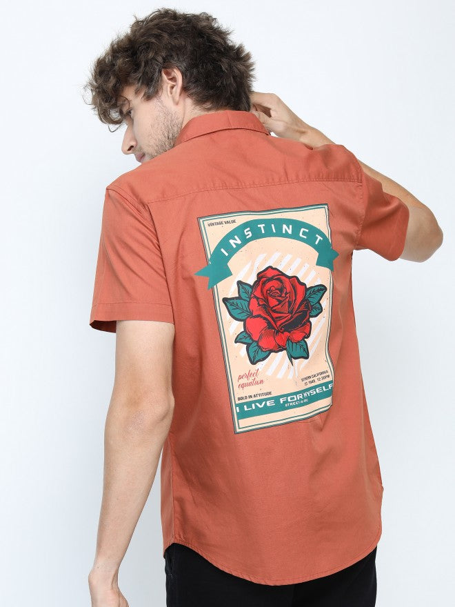 Mens Baked Rust Slim Fit Printed Casual Shirt - Terracotta - Image 1