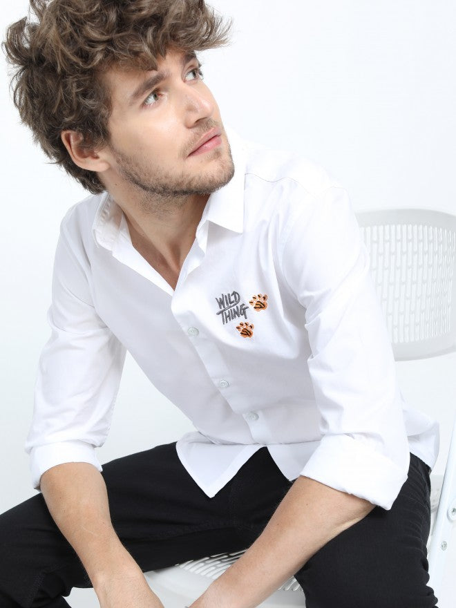 Mens White Slim Fit Printed Casual Shirt - White - Image 1