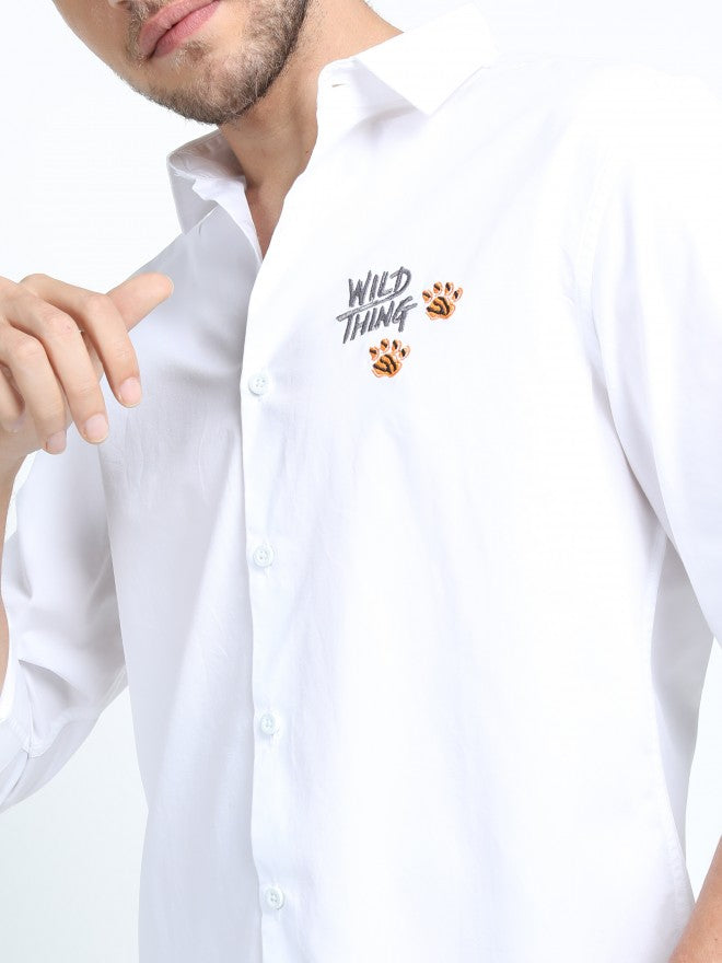 Mens White Slim Fit Printed Casual Shirt - White - Image 4
