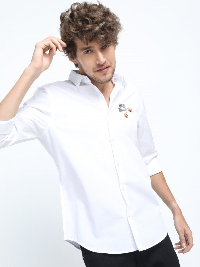Mens White Slim Fit Printed Casual Shirt - White - Image 5