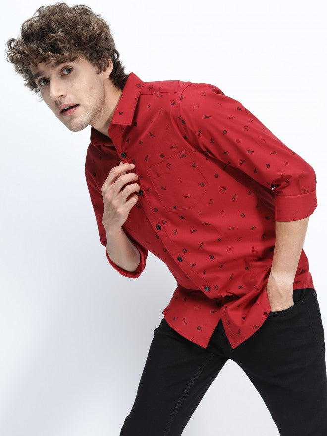 Mens Red & Black Slim Fit Printed Casual Shirt - Red - Image 1