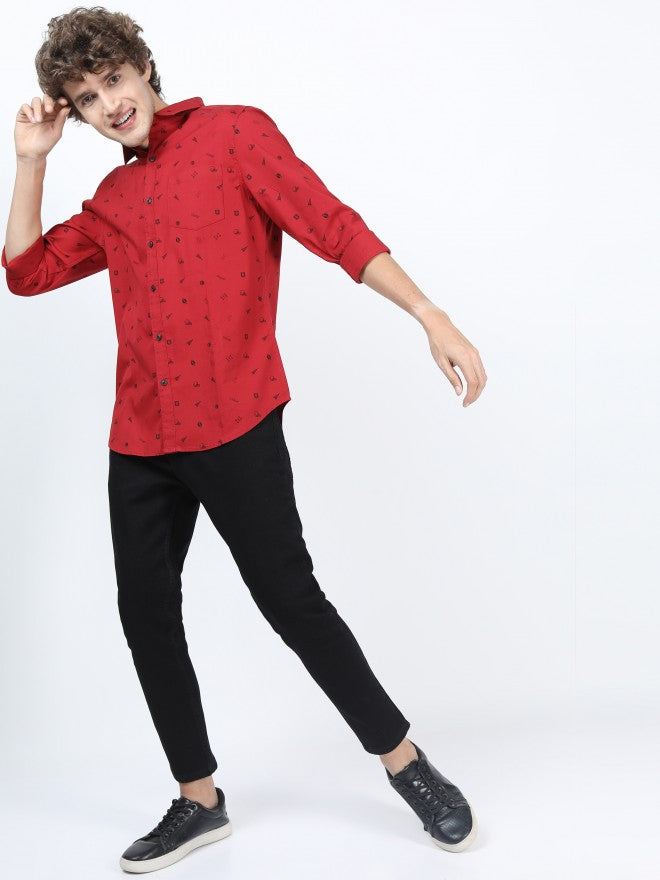 Mens Red & Black Slim Fit Printed Casual Shirt - Red - Image 2