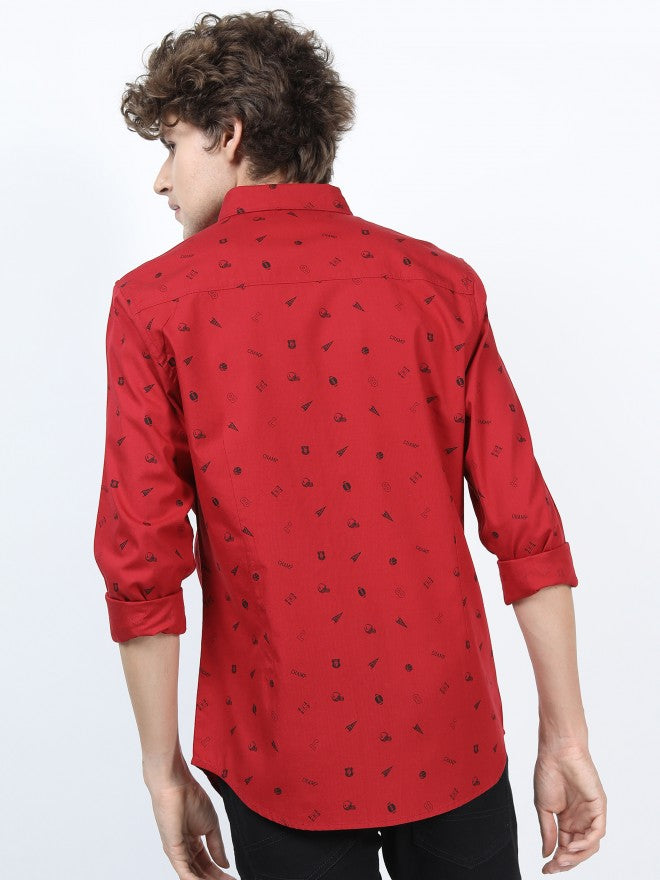 Mens Red & Black Slim Fit Printed Casual Shirt - Red - Image 3