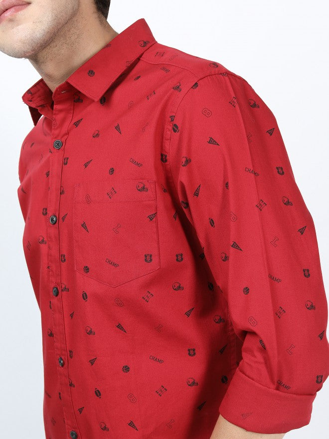 Mens Red & Black Slim Fit Printed Casual Shirt - Red - Image 4