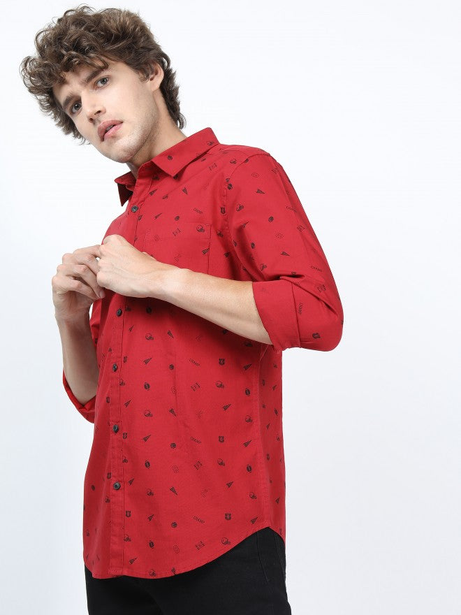 Mens Red & Black Slim Fit Printed Casual Shirt - Red - Image 5