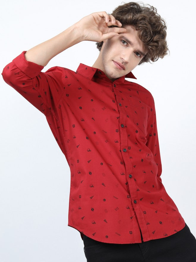 Mens Red & Black Slim Fit Printed Casual Shirt - Red - Image 6
