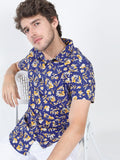 Mens Blue/Beige Slim Fit Printed Casual Shirt - Blue - Image 1