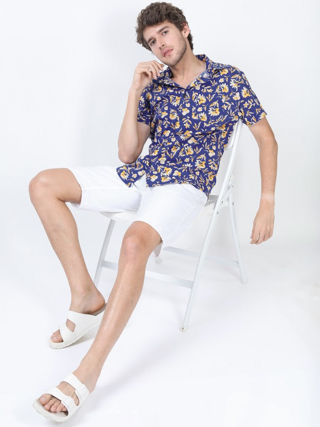 Mens Blue/Beige Slim Fit Printed Casual Shirt - Blue - Image 2