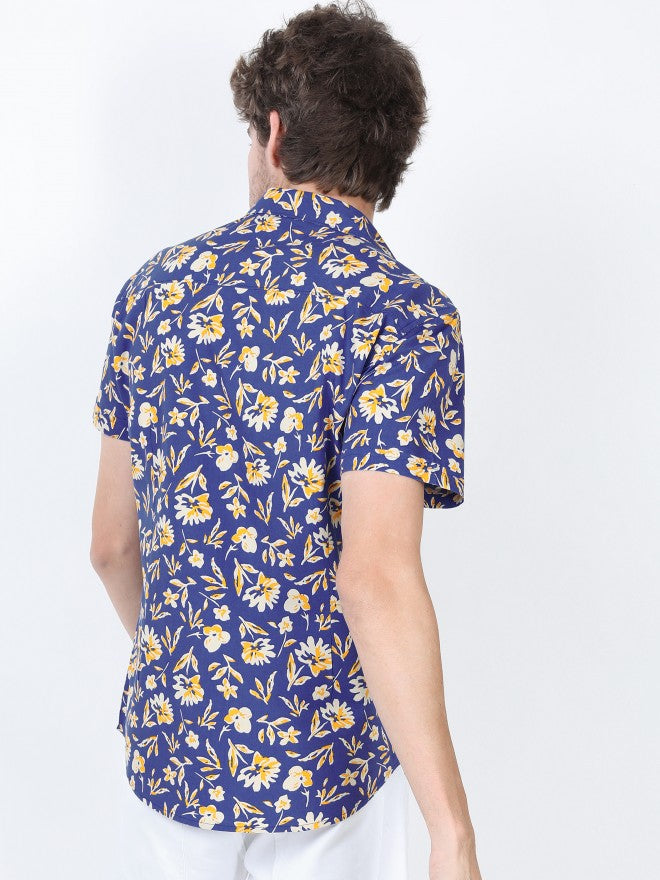 Mens Blue/Beige Slim Fit Printed Casual Shirt - Blue - Image 3