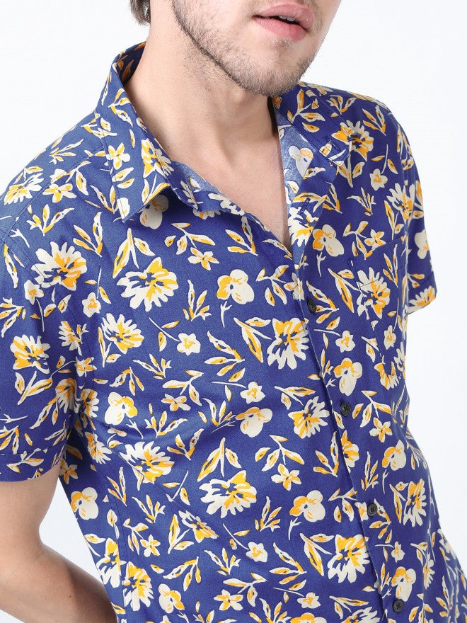 Mens Blue/Beige Slim Fit Printed Casual Shirt - Blue - Image 4