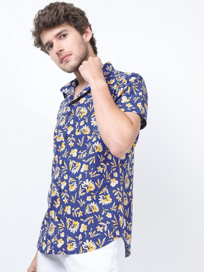 Mens Blue/Beige Slim Fit Printed Casual Shirt - Blue - Image 5